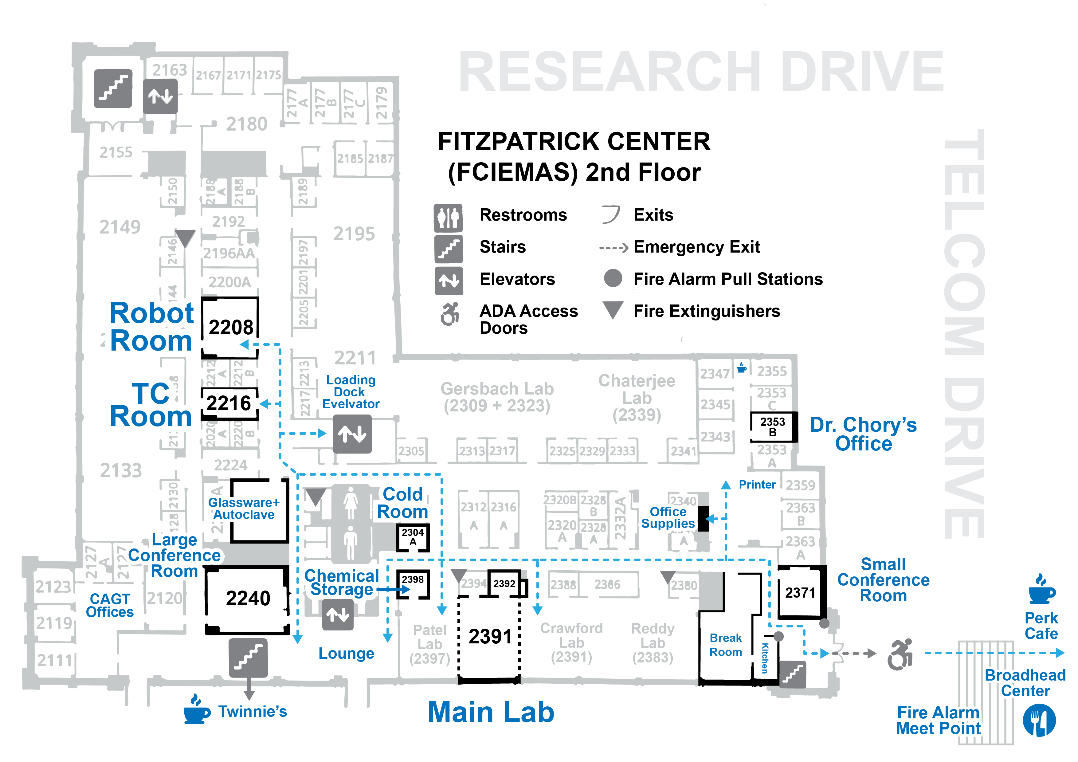 Fitzpatrick Center (FCIEMAS) 2nd floor: Robot Room 2208, Tissue Culture Room 2216, Main Lab 2391, Dr. Chory's office 2353B, plus exits, fire extinguishers and the fire alarm meet point